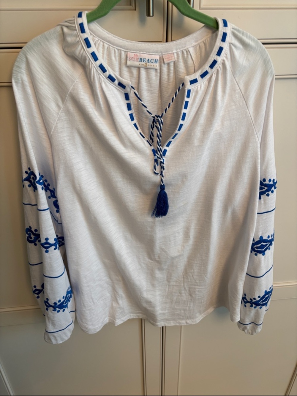 Belle by Kim Gravel White Tunic with Blue Embroidery and Tassel